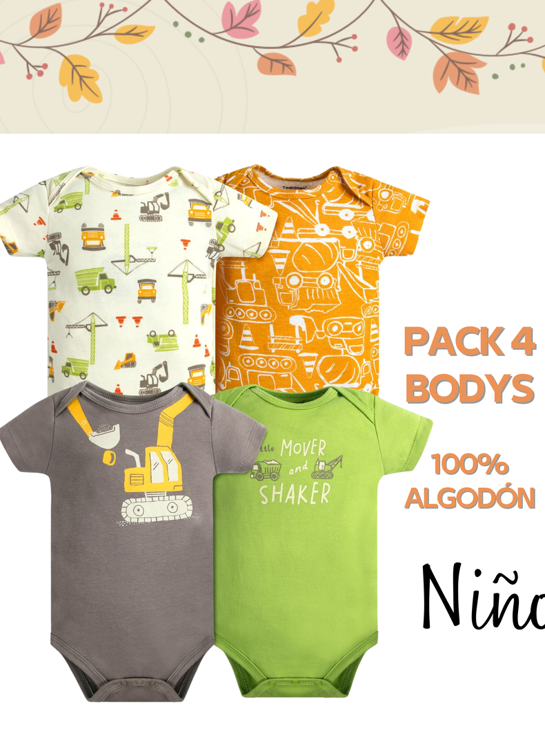 Pack 4 Bodys Niño Manga Corta Tedmimak 100% Algodón Estampado Transporte-4