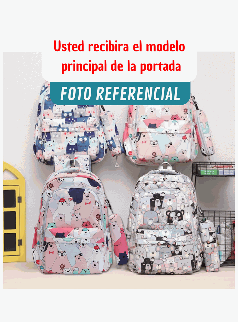 Mochila Escolar 44cm Diseño Estampado Cats and Bears Coral Pink Bears-3