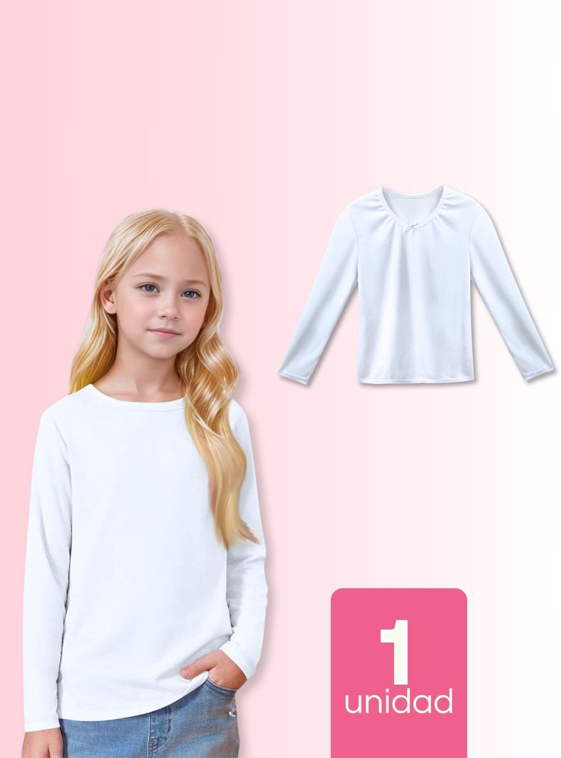 Camiseta Algodón Manga Larga Polera Niña Primera Capa Cuello Redondo Blanca-0