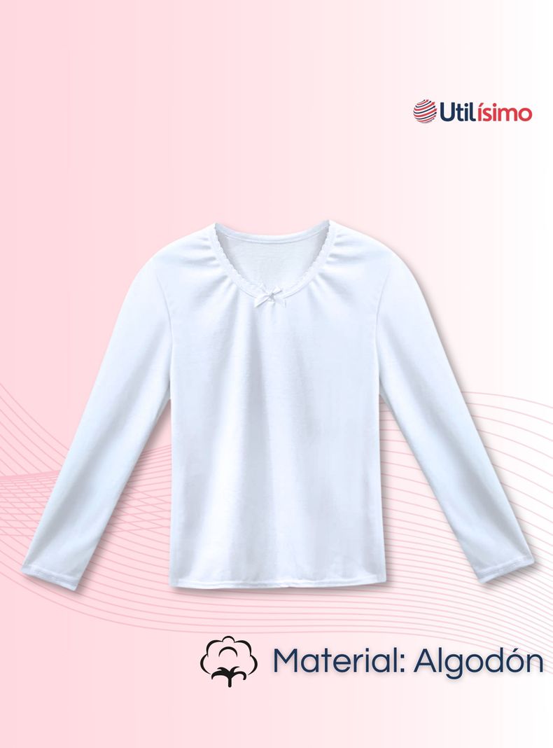 Camiseta Algodón Manga Larga Polera Niña Primera Capa Cuello Redondo Blanca-2
