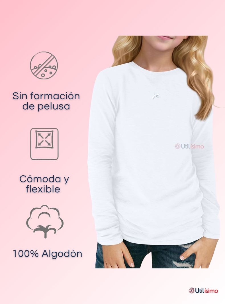 Camiseta Algodón Manga Larga Polera Niña Primera Capa Cuello Redondo Blanca-4