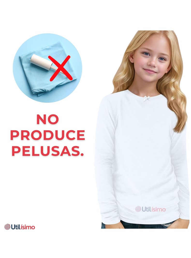 Camiseta Algodón Manga Larga Polera Niña Primera Capa Cuello Redondo Blanca-7