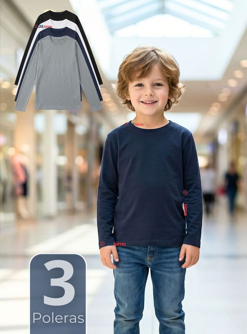 Pack 3 Poleras Camisetas Polar Primera Capa Cuello Redondo Manga Larga Colores Surtido Nino 5-6 anos