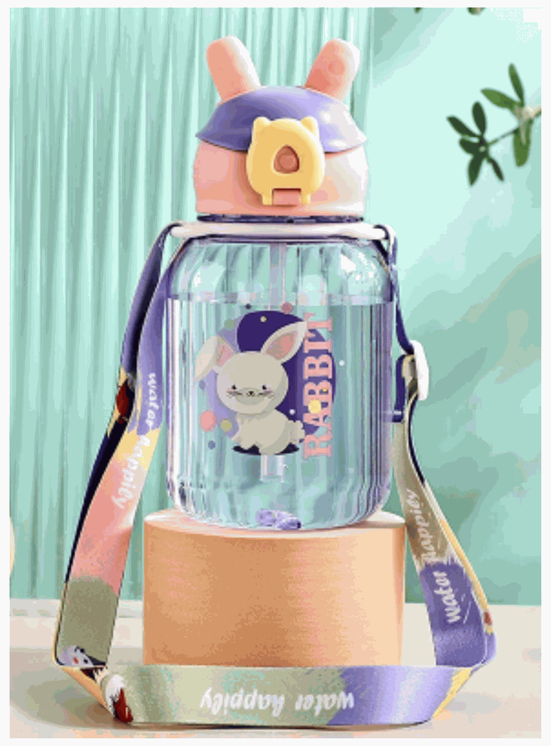 Botella Plástica 600ML Con Bombilla y Correa Kawai Sin BPA Niños Rabbit-0