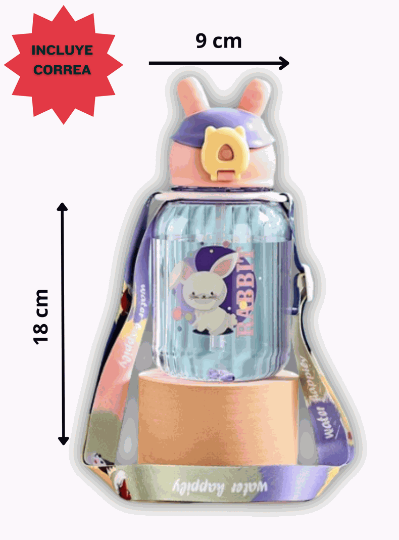 Botella Plástica 600ML Con Bombilla y Correa Kawai Sin BPA Niños Rabbit-1