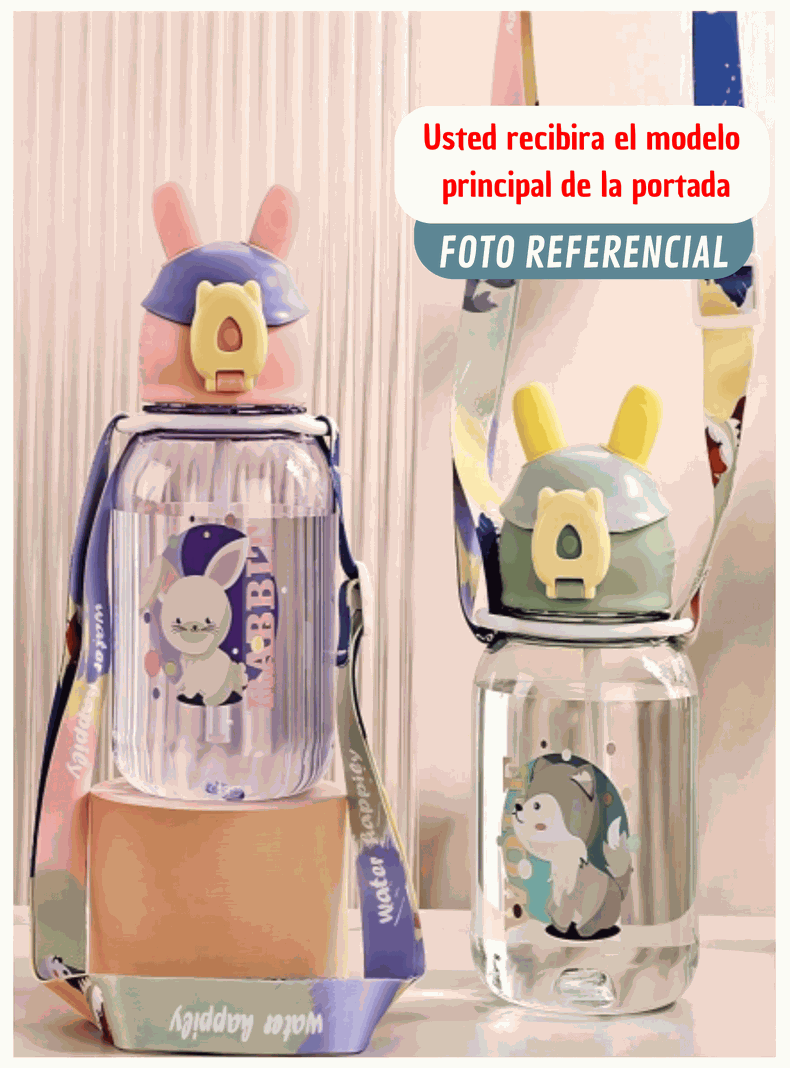 Botella Plástica 600ML Con Bombilla y Correa Kawai Sin BPA Niños Rabbit-2