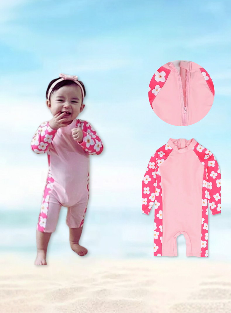 Traje de Baño Enterito Manga Larga Niña Jump Kids Flores Rosa-1