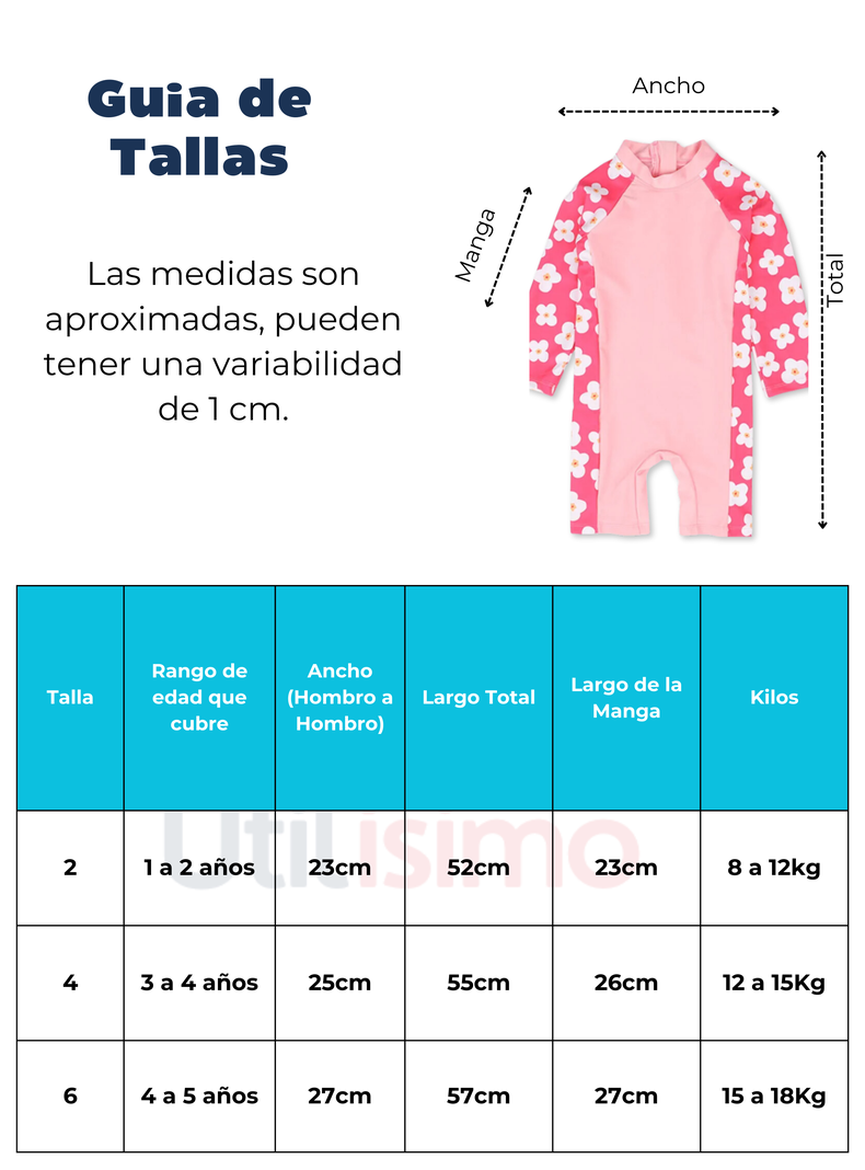 Traje de Baño Enterito Manga Larga Niña Jump Kids Flores Rosa-2