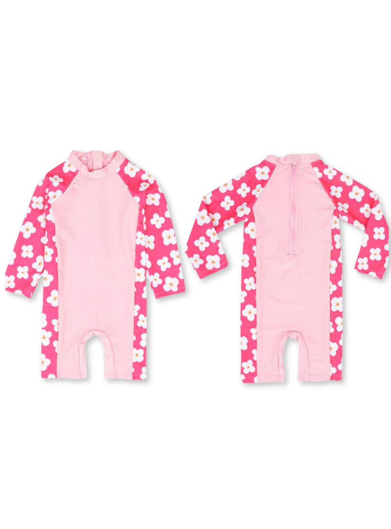 Traje de Baño Enterito Manga Larga Niña Jump Kids Flores Rosa-3