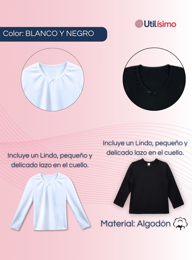 Pack 3 Camisetas Algodón Manga Larga Poleras Primera Capa Niña Cuello Redondo Blanco Negra-3