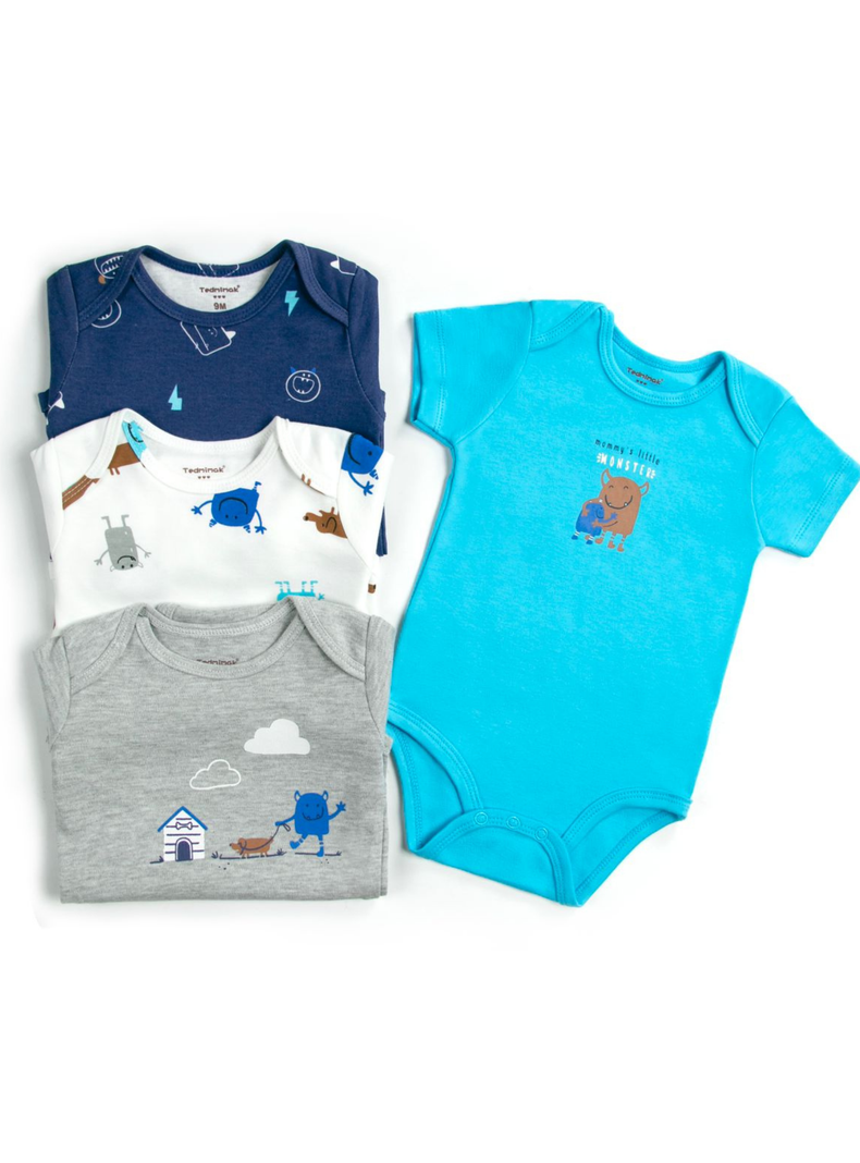 Pack 4 Bodys Niño Manga Corta Tedmimak 100% Blue Monster-1