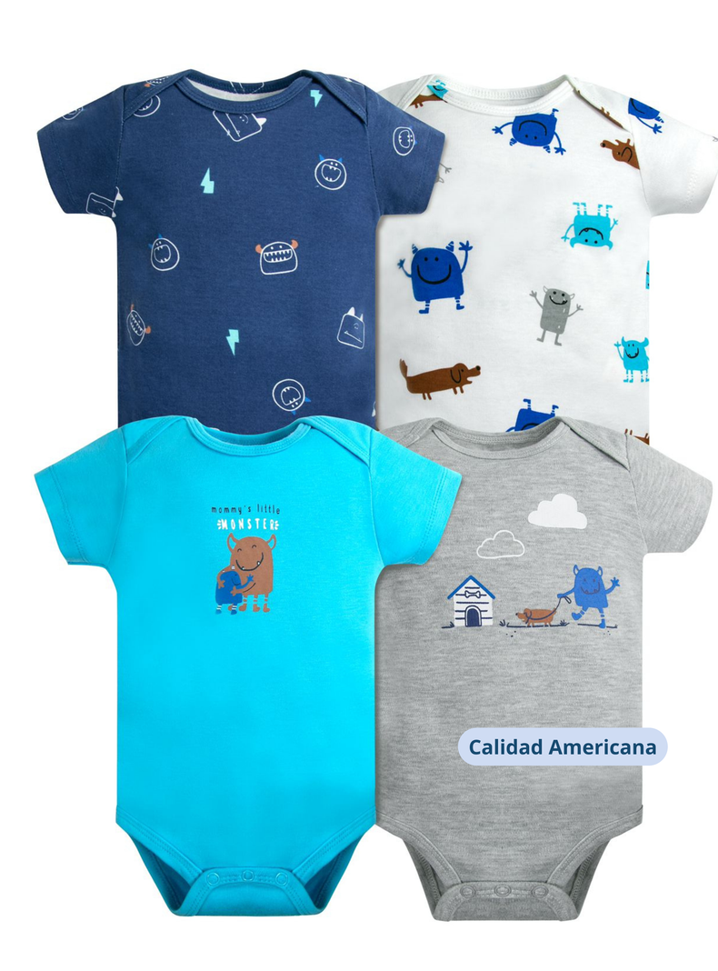 Pack 4 Bodys Niño Manga Corta Tedmimak 100% Blue Monster-3