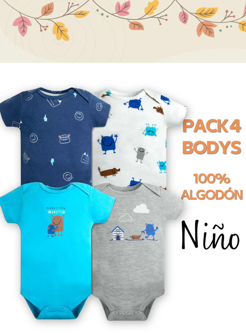 Pack 4 Bodys Niño Manga Corta Tedmimak 100% Blue Monster-4