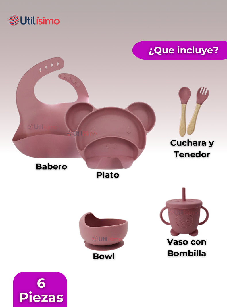 Set De Alimentación Bebé Silicona 6 Piezas Libre BPA Rosa Oscuro-5
