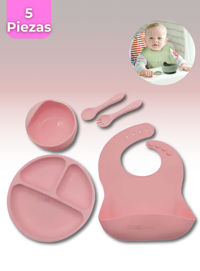 Set De Alimentación Bebé Silicona 5 Piezas Libre BPA Rosa Claro-0