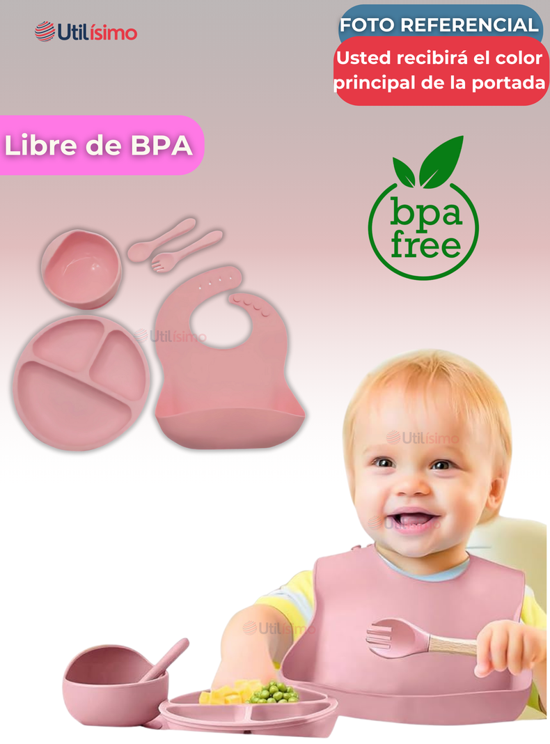 Set De Alimentación Bebé Silicona 5 Piezas Libre BPA Rosa Claro-2