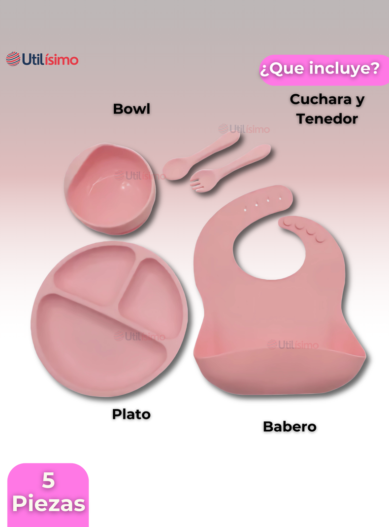 Set De Alimentación Bebé Silicona 5 Piezas Libre BPA Rosa Claro-4