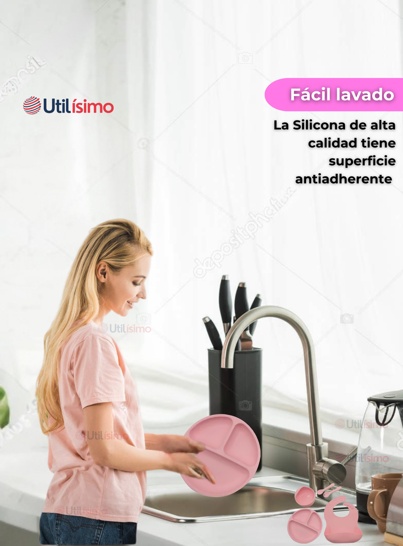 Set De Alimentación Bebé Silicona 5 Piezas Libre BPA Rosa Claro-5