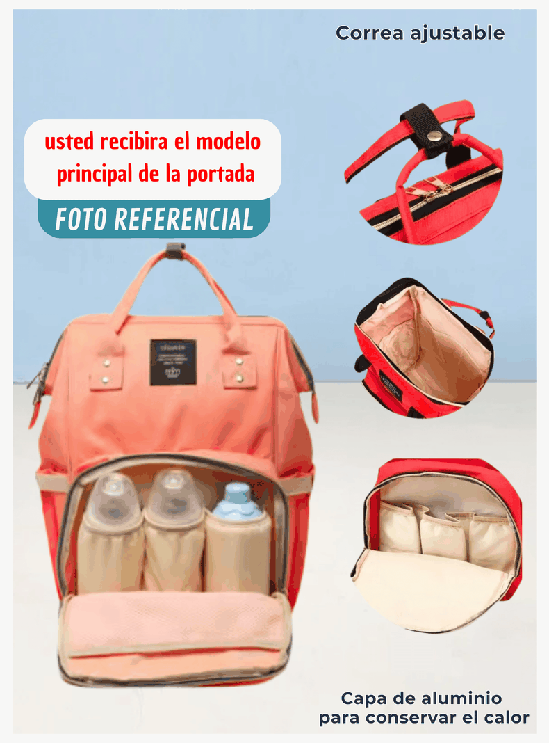 Mochila Maternal Bolso Pañalera Nylon Bebé Térmica e Impermeable Pink-3