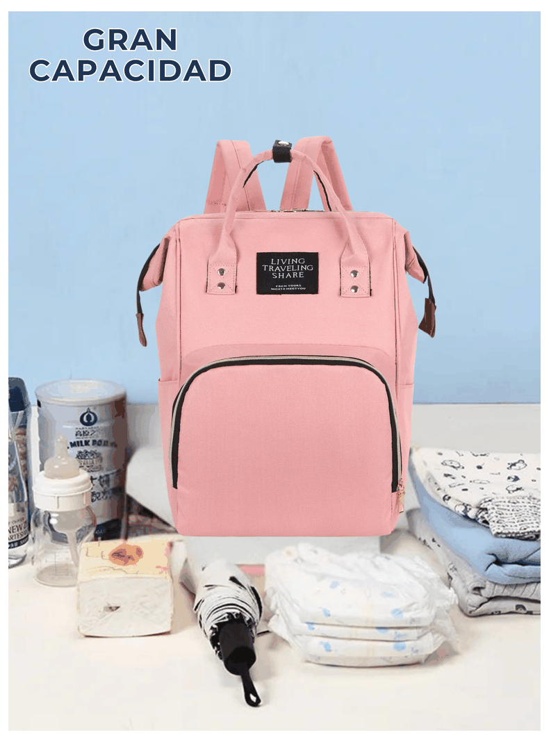 Mochila Maternal Bolso Pañalera Nylon Bebé Térmica e Impermeable Pink-4