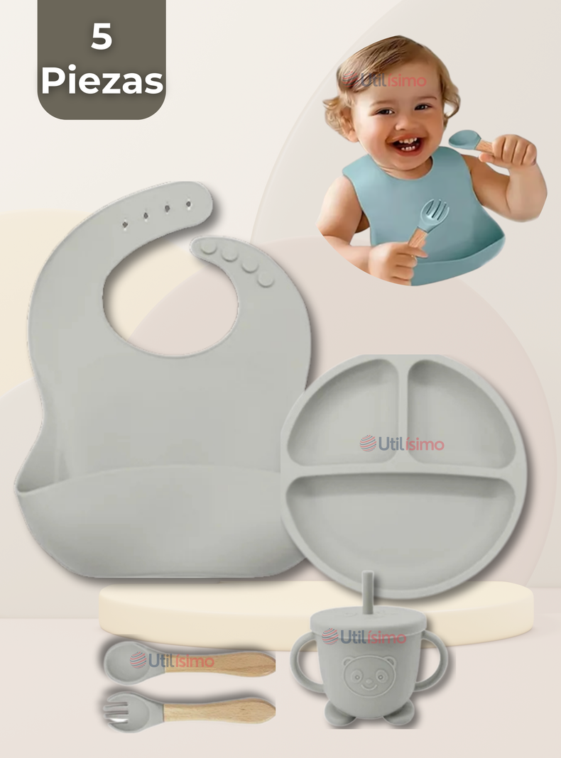 Set De Alimentación Bebé Silicona Con Vaso 5 Piezas Libre BPA Gris-0