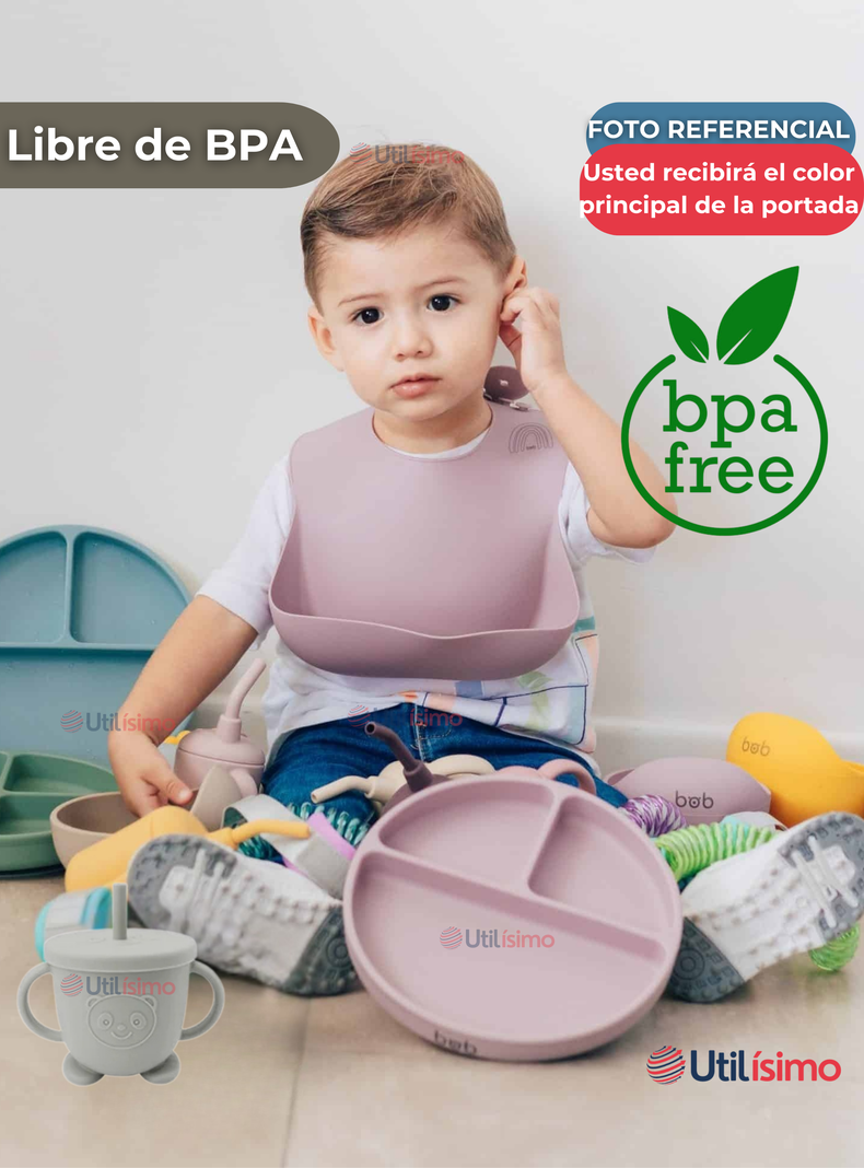 Set De Alimentación Bebé Silicona Con Vaso 5 Piezas Libre BPA Gris-3