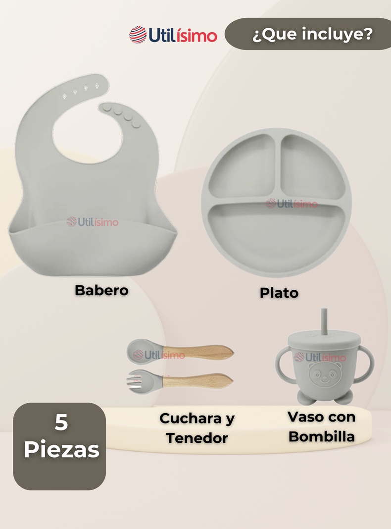 Set De Alimentación Bebé Silicona Con Vaso 5 Piezas Libre BPA Gris-5