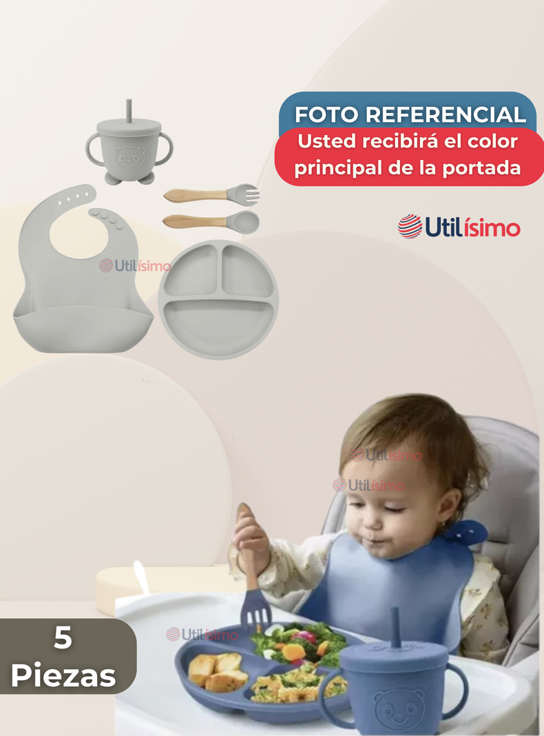 Set De Alimentación Bebé Silicona Con Vaso 5 Piezas Libre BPA Gris-6