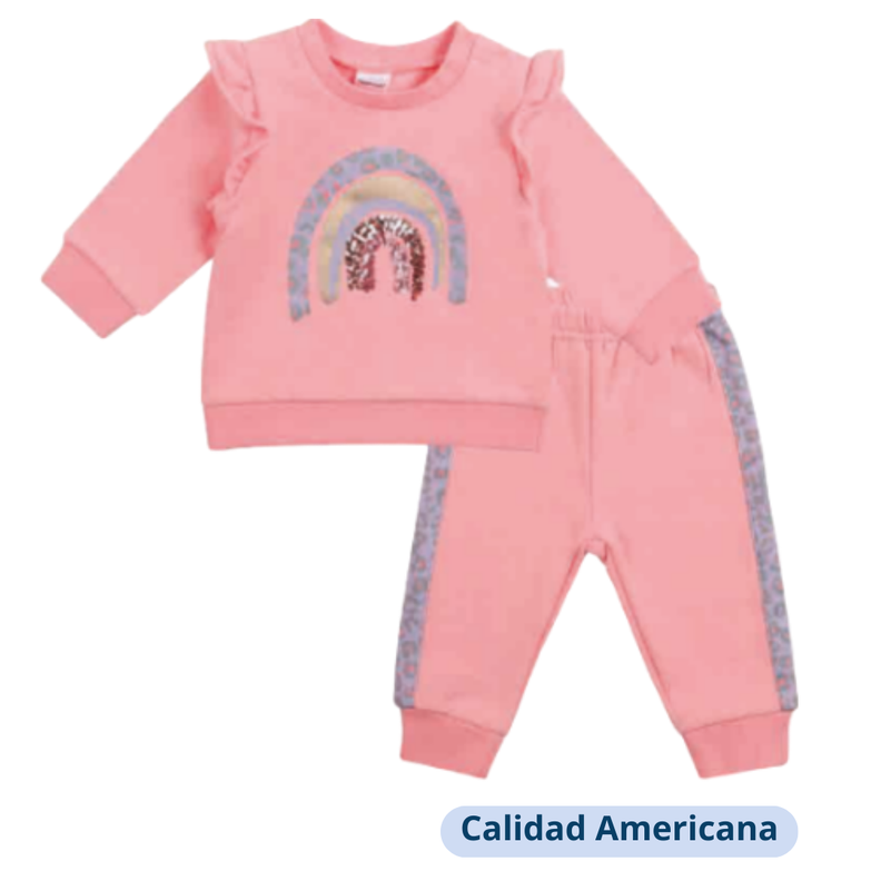 Set 2 Piezas Polerón Pantalón Niña ArcoIris Rosa Tedmimak 100% Algodón-0