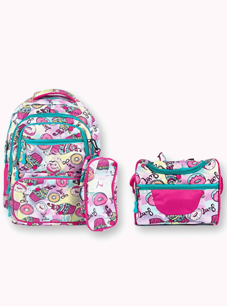 Mochila Con Lonchera Y Estuche 45CM Diseños Variados Niña Donuts-0