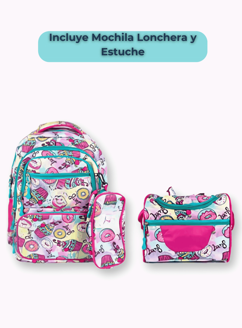 Mochila Con Lonchera Y Estuche 45CM Diseños Variados Niña Donuts-2