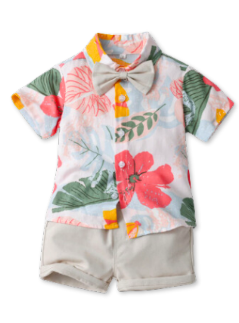 Conjunto de Vestir Hawaiano Manga Corta Niño 1 a 5 Años Beige hawaiano-0