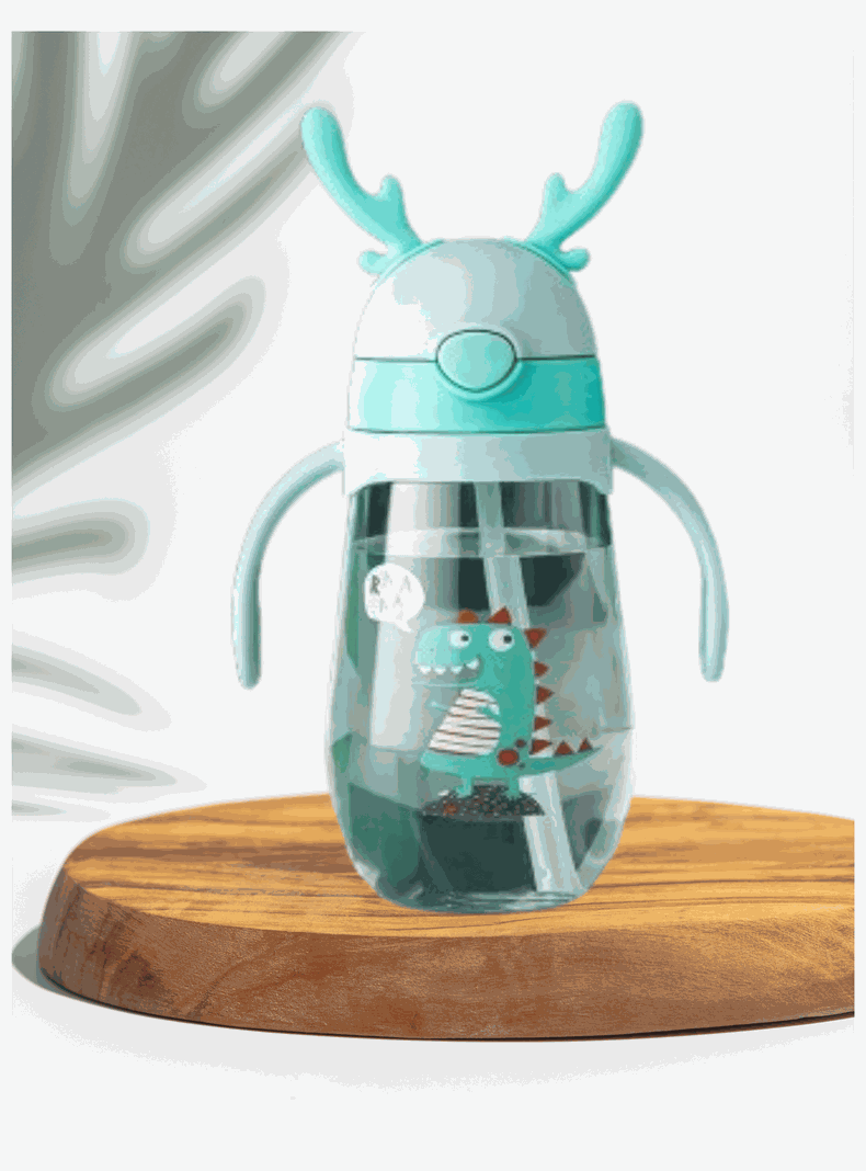 Botella Plástica 480 ML Con Bombilla Y Orejitas Kawai Sin BPA Niños Dinosaur-0