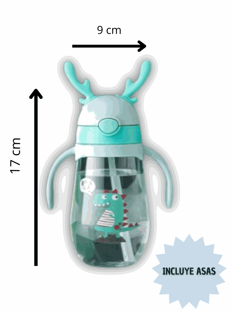 Botella Plástica 480 ML Con Bombilla Y Orejitas Kawai Sin BPA Niños Dinosaur-1
