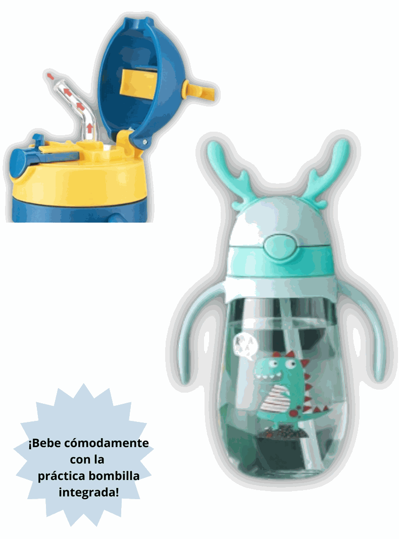 Botella Plástica 480 ML Con Bombilla Y Orejitas Kawai Sin BPA Niños Dinosaur-2