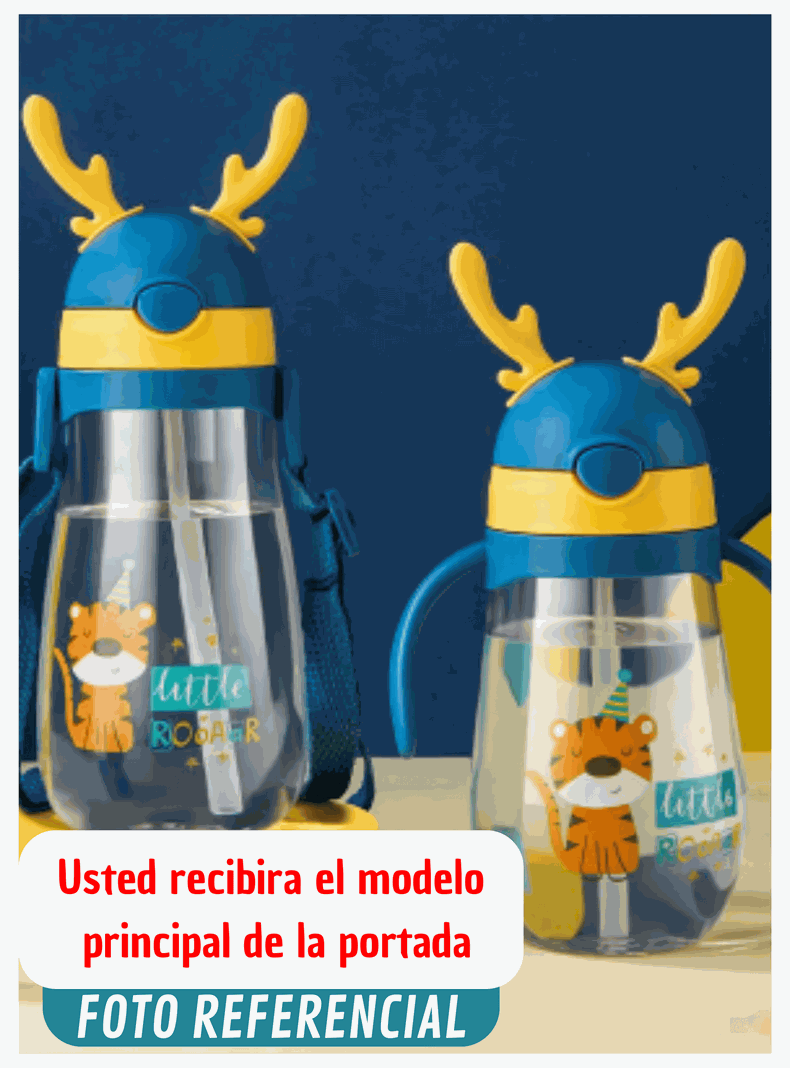 Botella Plástica 480 ML Con Bombilla Y Orejitas Kawai Sin BPA Niños Dinosaur-4