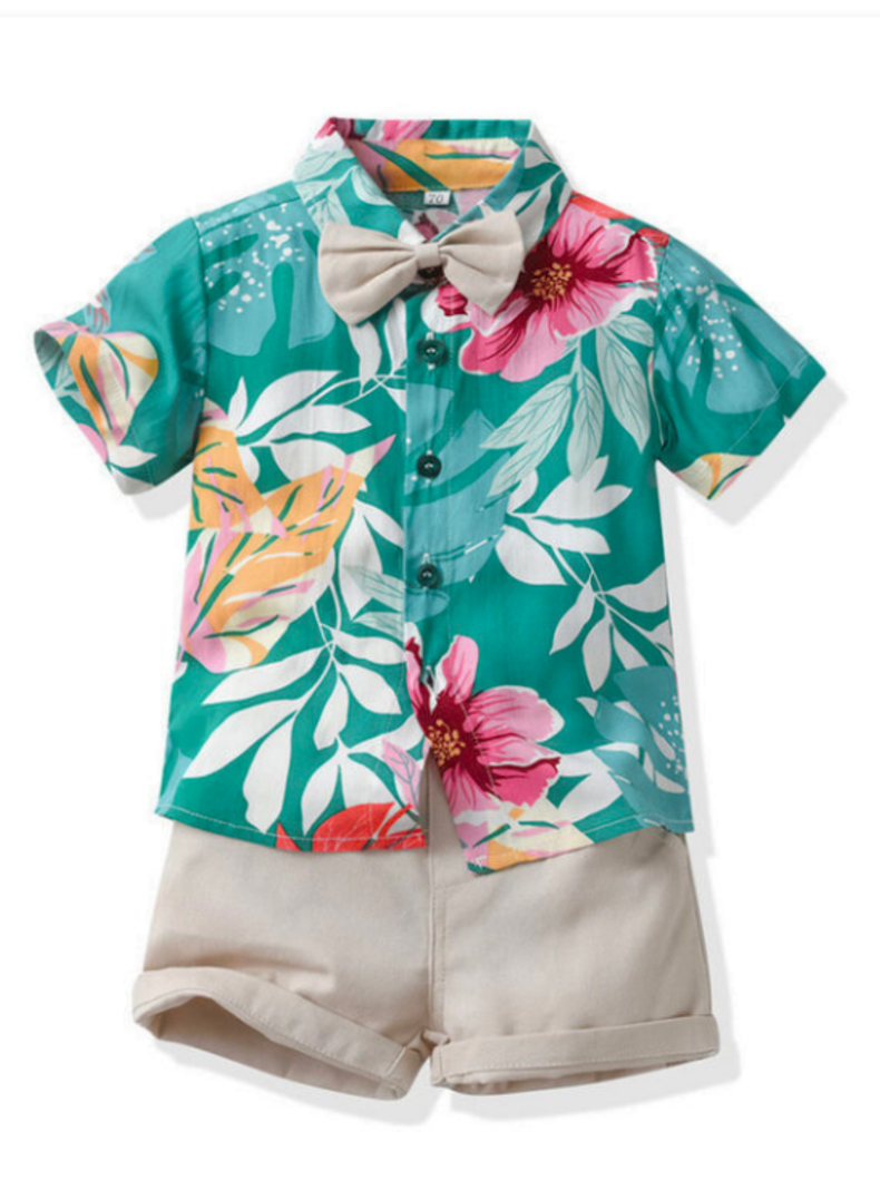 Conjunto de Vestir Hawaiano Manga Corta Niño 1 a 5 Años Gris Hawaiano-4