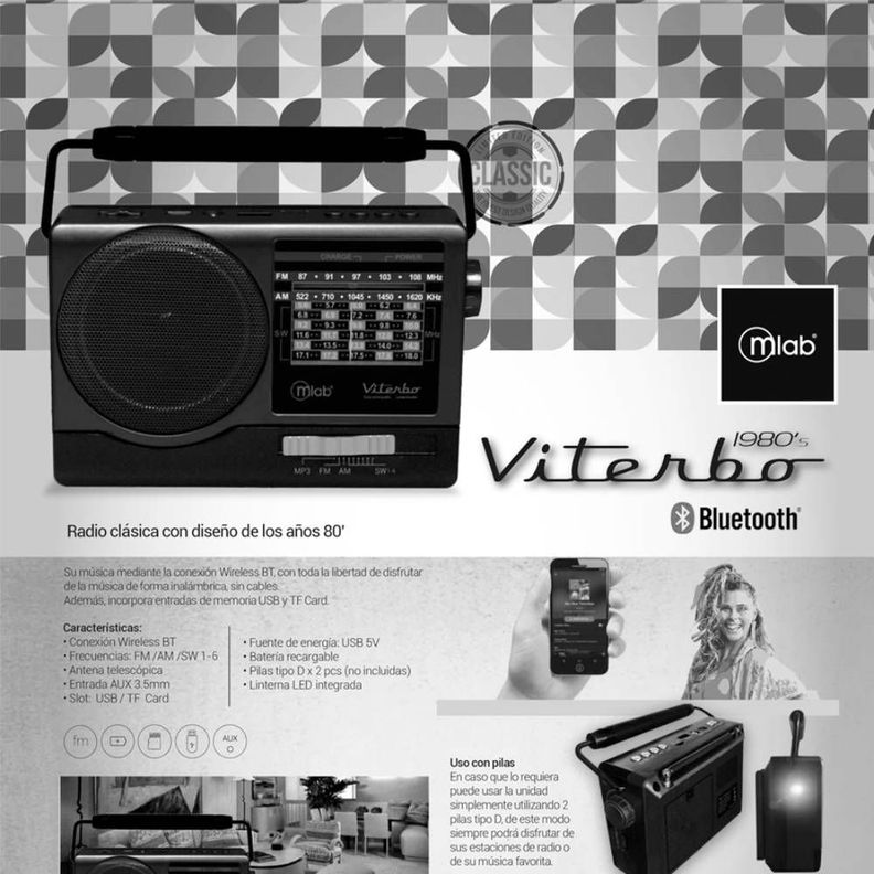 Radio Portátil Con Bluetooth Am Fm Usb Retro Viterbo Mlab-4