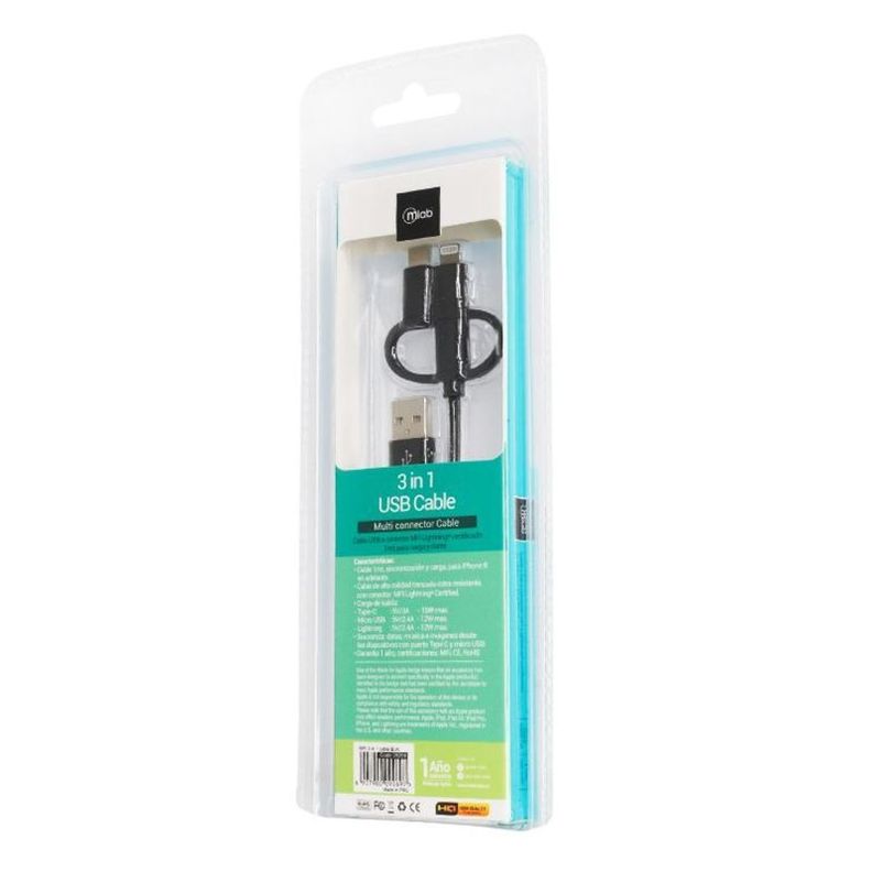 Cable Mlab 3 en 1 USB a Micro USB Tipo c y Lightning 1 Metro-0