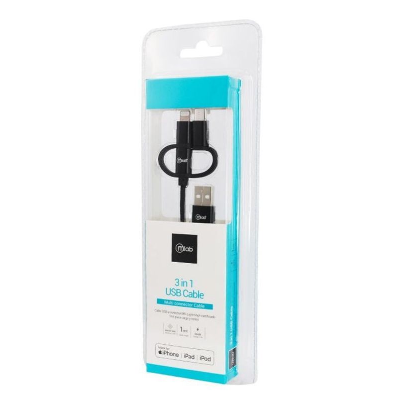 Cable Mlab 3 en 1 USB a Micro USB Tipo c y Lightning 1 Metro-1
