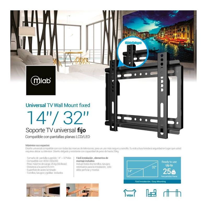 Soporte Para Tv Mlab Fijo 14 - 32 Pulgadas 25 Kg 8948 Color Negro-2