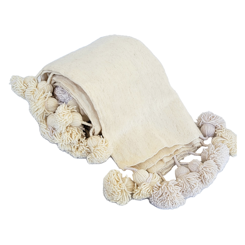 Manta Blanca de Lana con Pompones – King / Super King-0