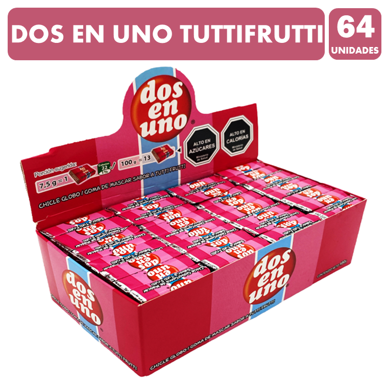 Chicle Dos En Uno Sabor Tutti Frutti (Caja Con 64 Unidades)-0