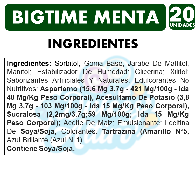 Bigtime Verde - Chicle Sabor Menta Sin Azúcar (Caja Con 20U)-1