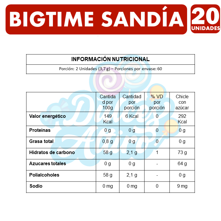 Bigtime Sabor Sandia - Chicle Sin Azúcar (Caja Con 20 Un)-2