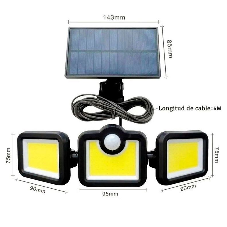 Foco Solar Triple con Sensor de Movimiento y Control Remoto COB-2