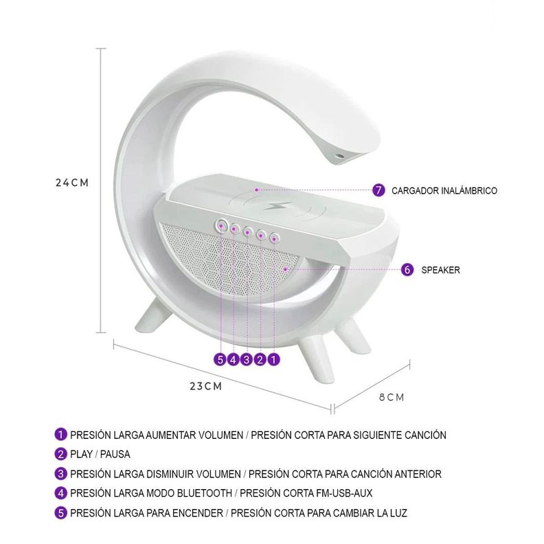 Parlante Bluetooth con Cargador Inalámbrico, Radio FM y Lámpara Rgb-4