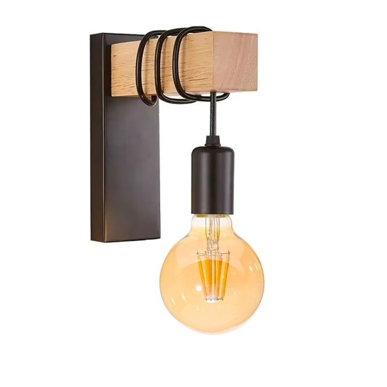 Aplique de Pared de Madera con Base Metálica Negra-0