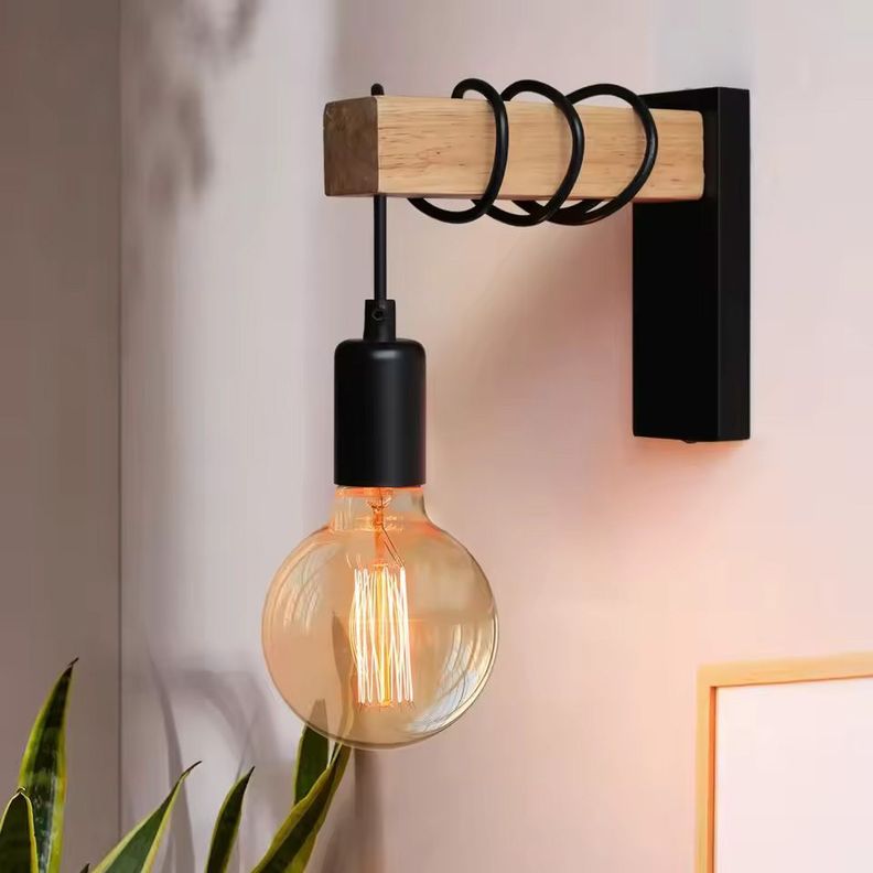 Aplique de Pared de Madera con Base Metálica Negra-1
