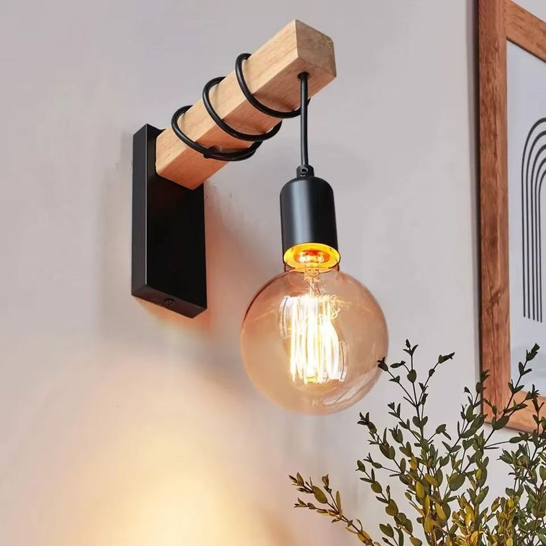 Aplique de Pared de Madera con Base Metálica Negra-2